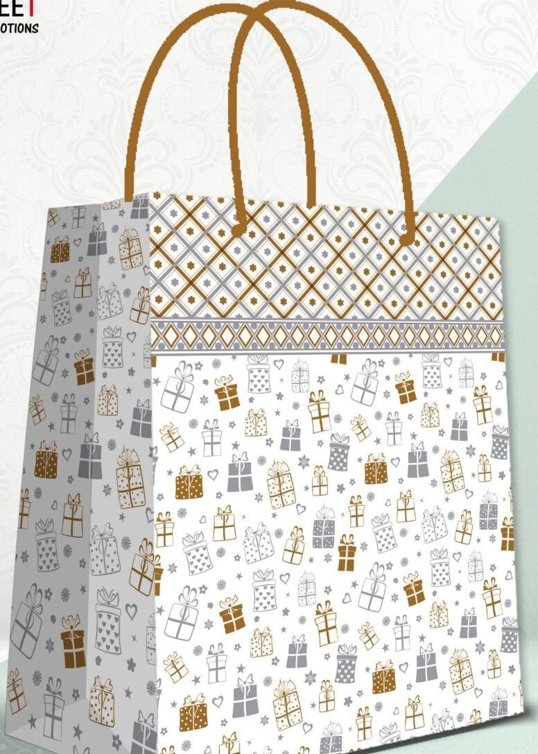 large paper gift bag pack of 12 with grey gift boxes doodle pattern