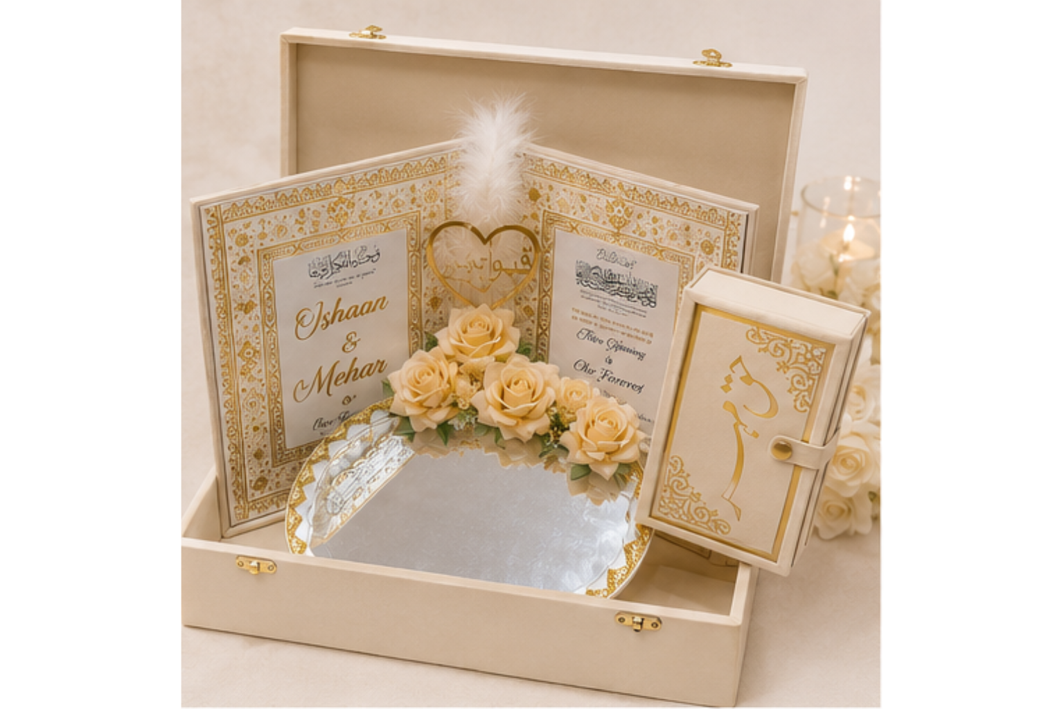 Classic Ivory Cream Velvet Custom Names Nikah Gift Box - Image 2