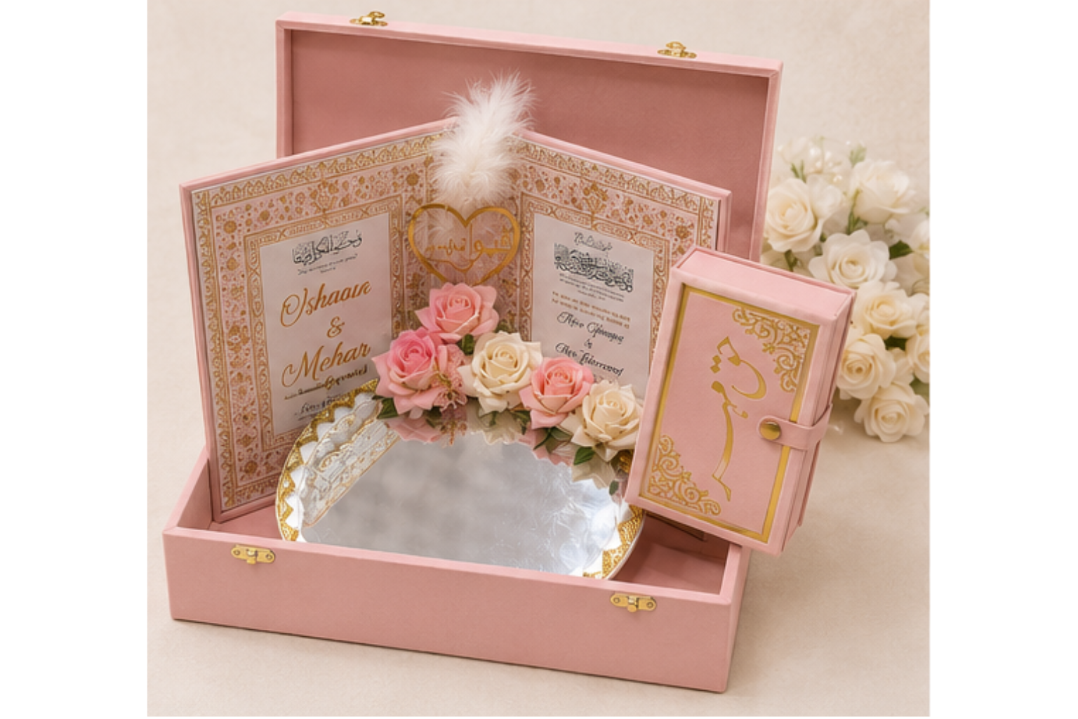 Pastel Blush Pink Velvet Monogrammed Nikah Gift Box - Image 2