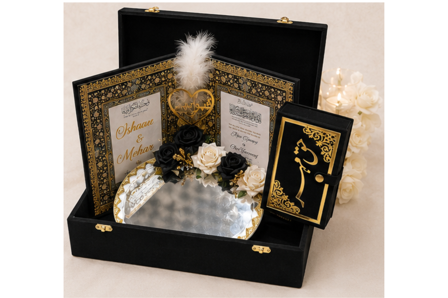 Royal Jet Black Velvet Arabic Calligraphy Nikah Gift Box Set - Image 2