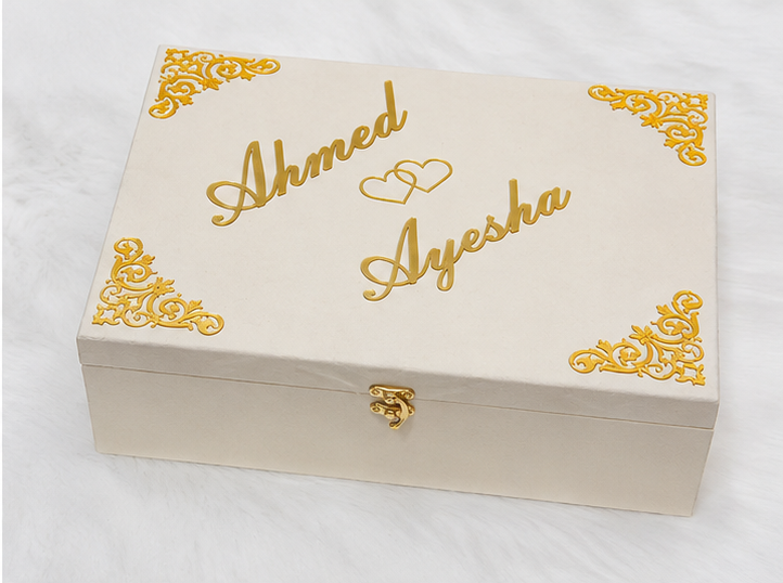 Classic Ivory Cream Velvet Custom Names Nikah Gift Box
