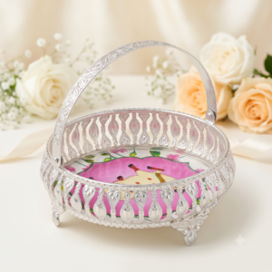 Pichwai Cow Pink German Silver Basket hamper with arch handle pack of 10