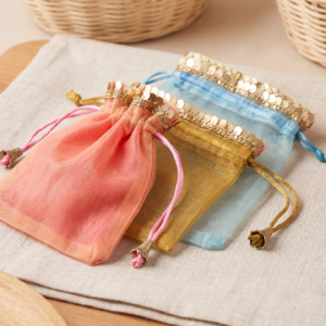 Sequin Lace Organza Drawstring Pouch with golden sequin border pack of 20