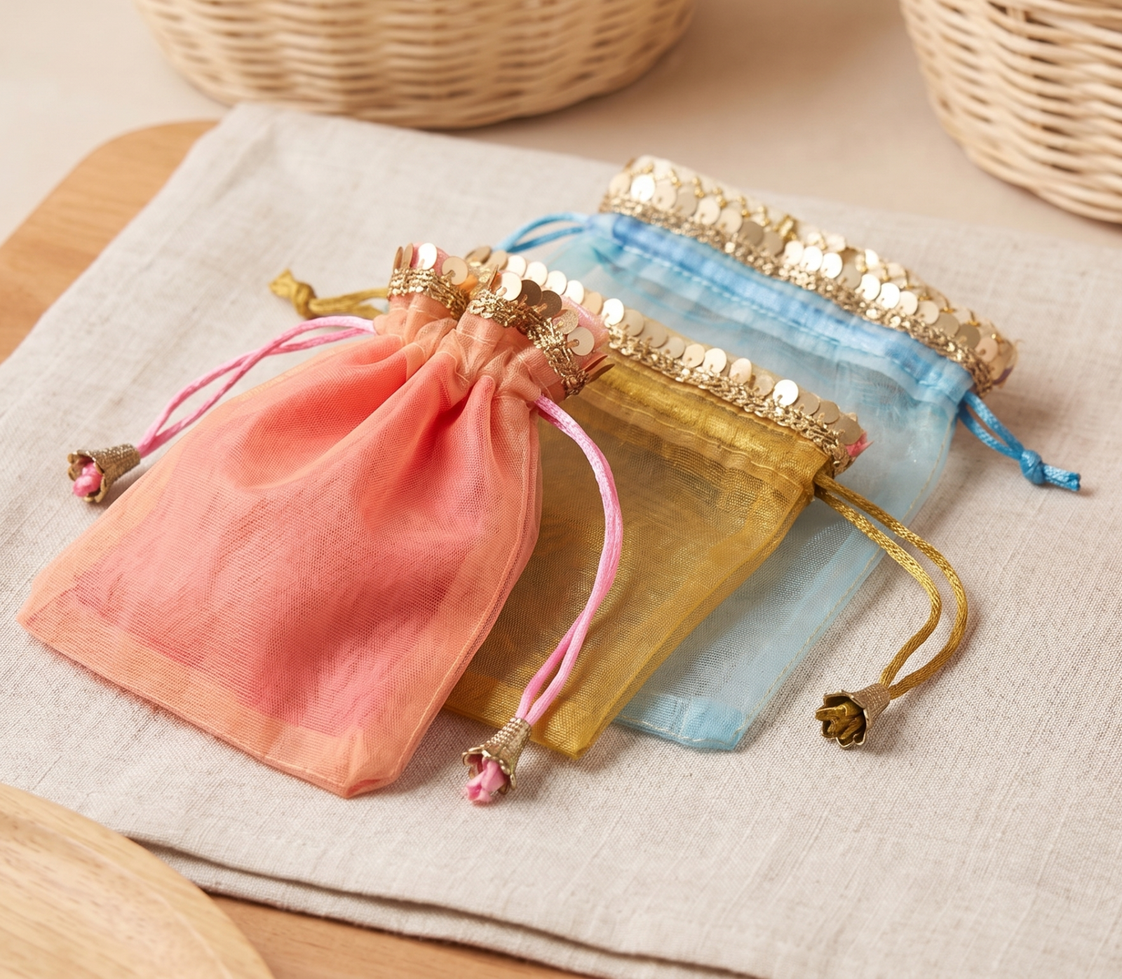 Sequin Lace Organza Drawstring Pouch with golden sequin border pack of 20