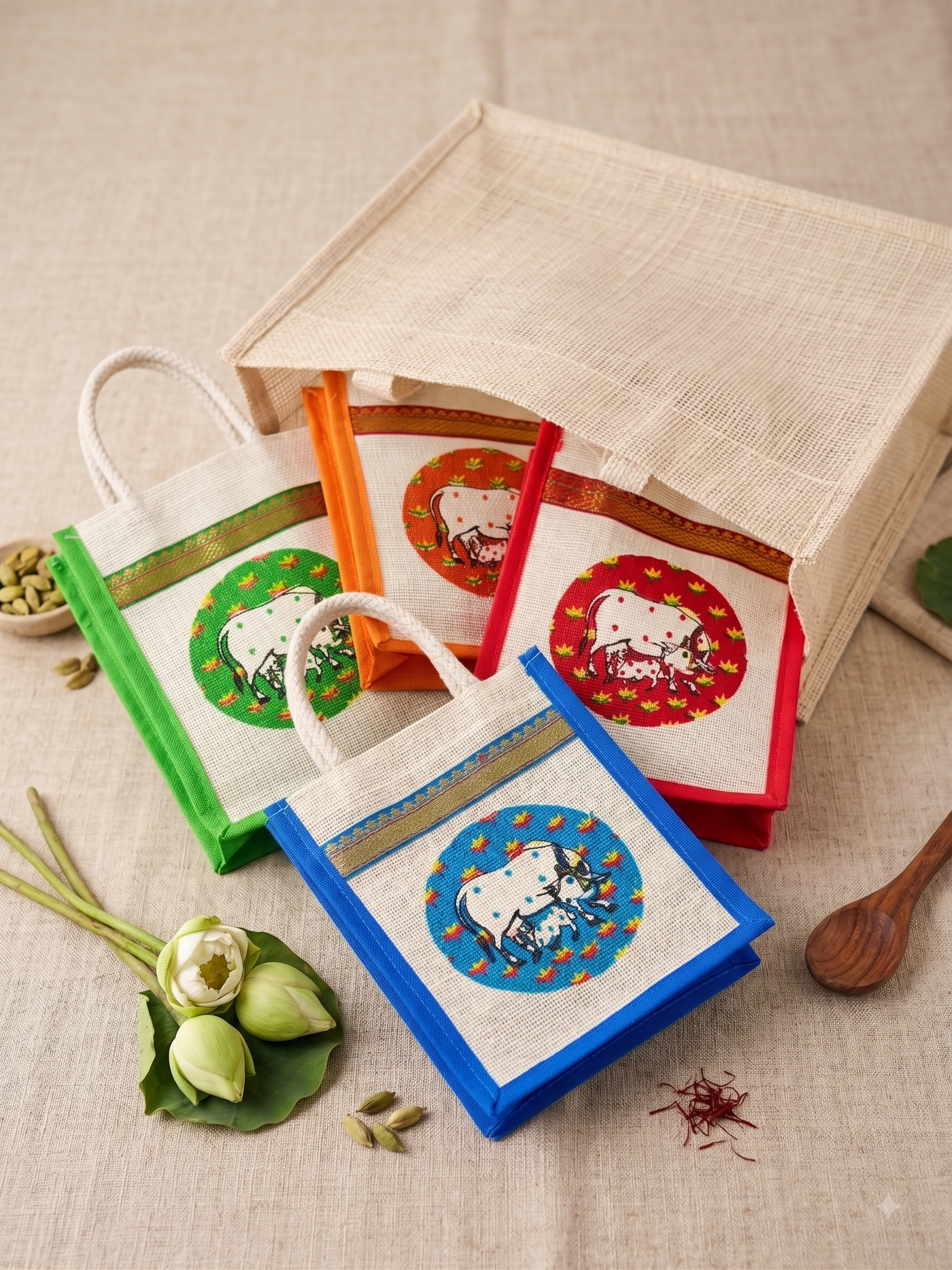 pichwai print jute bags pack of 25 for return gifts