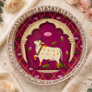 Pichwai German Silver Round Platter with cow and lotus art