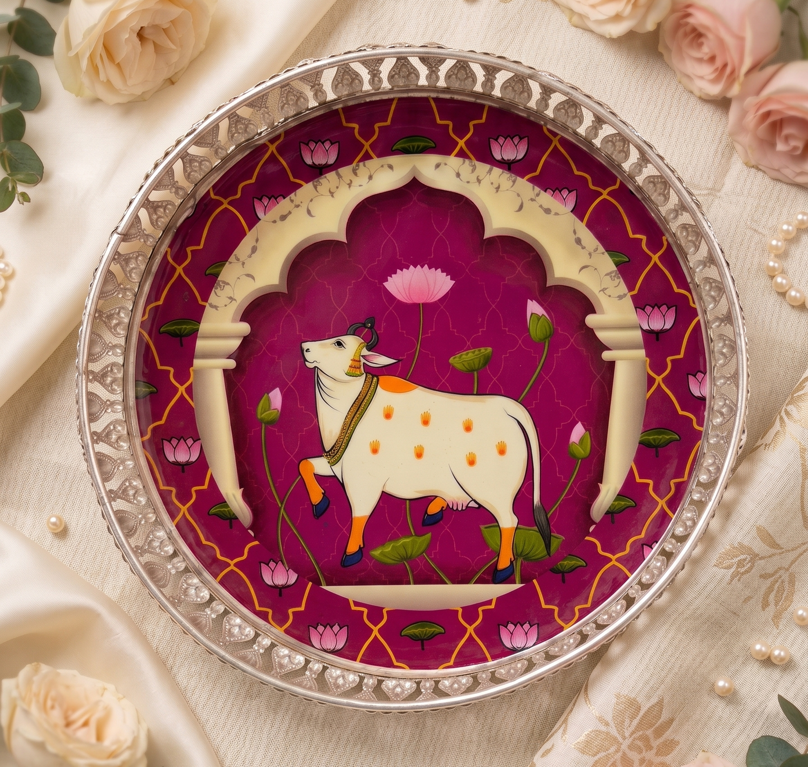 Pichwai German Silver Round Platter with cow and lotus art