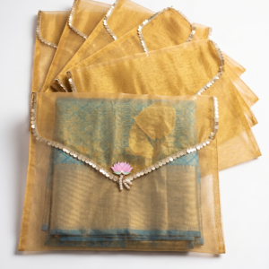 Golden Tissue Envelope Saree Cover with Lotus Motif & Pearl Latkan | Pack of 10