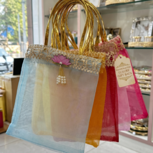 Lotus Motif Organza Gift Tote with gold cutwork border pack of 20