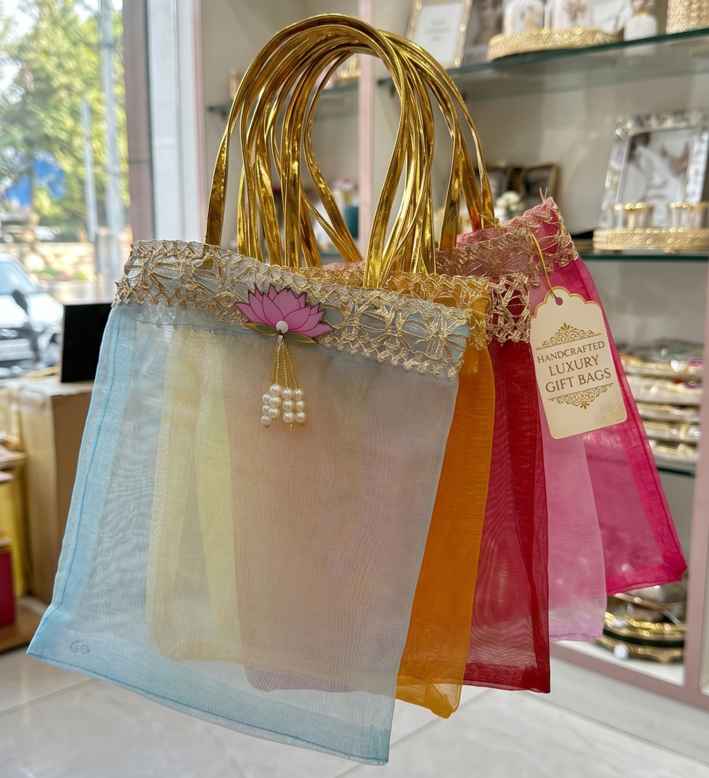 Lotus Motif Organza Gift Tote with gold cutwork border pack of 20