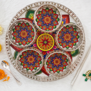 Mandala Art German Silver Platter 5-bowl dry fruit set