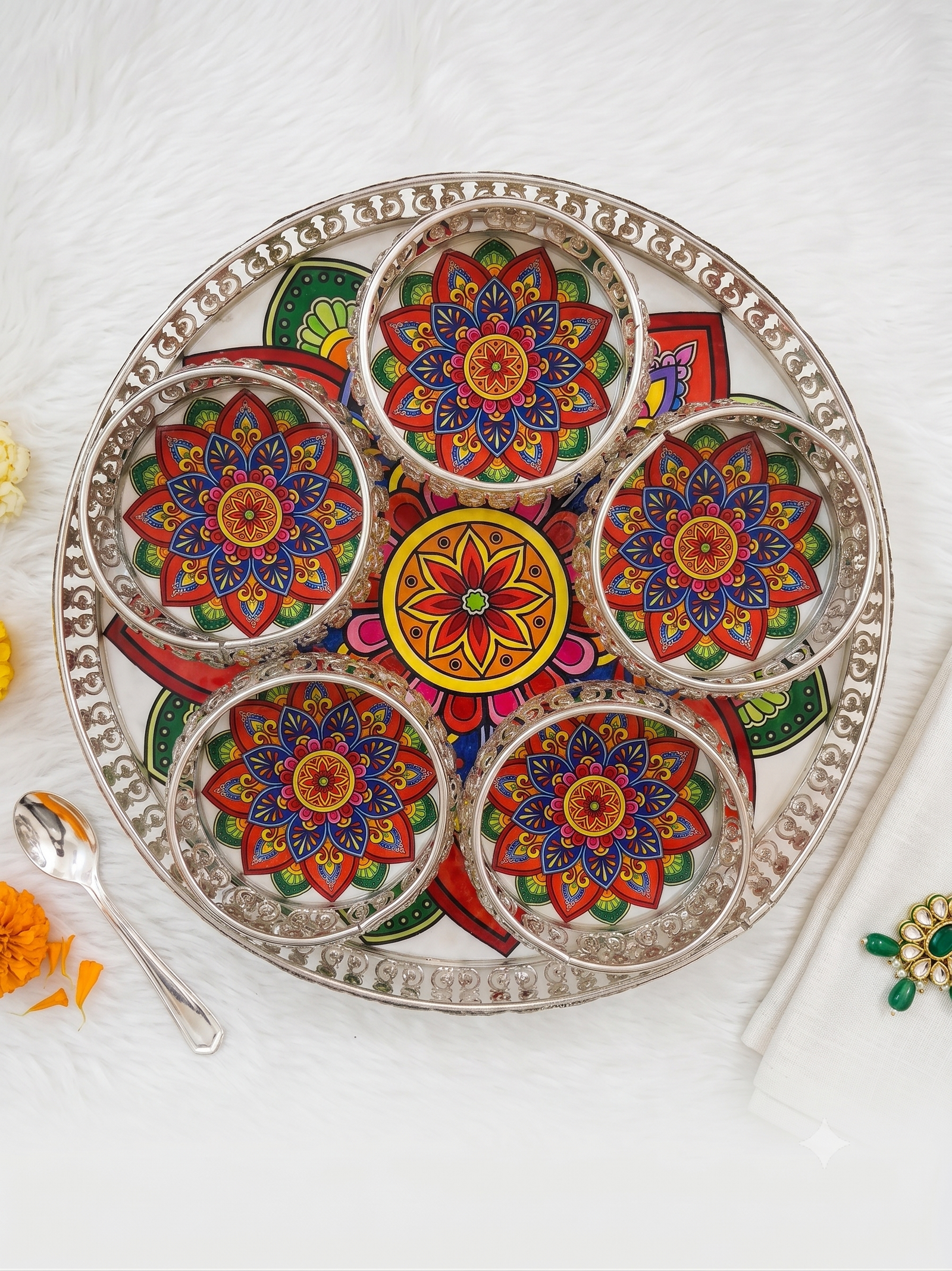Mandala Art German Silver Platter 5-bowl dry fruit set
