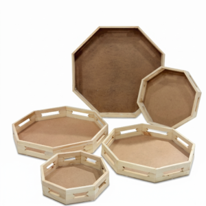 Handcrafted Octagonal Wooden Nested Trays (Set of 5) - Pine Wood Hamper & Serving Platter