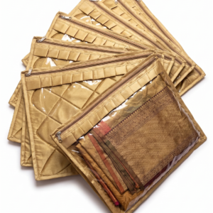 Royal Quilted Golden Satin Saree Bag with Clear Window & Frill Accent | Pack of 10