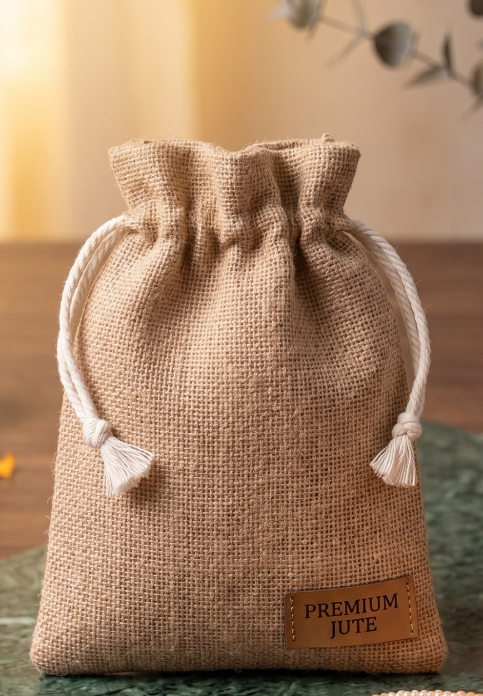 Natural Jute Drawstring Pouch with durable cinch ties for festive favors
