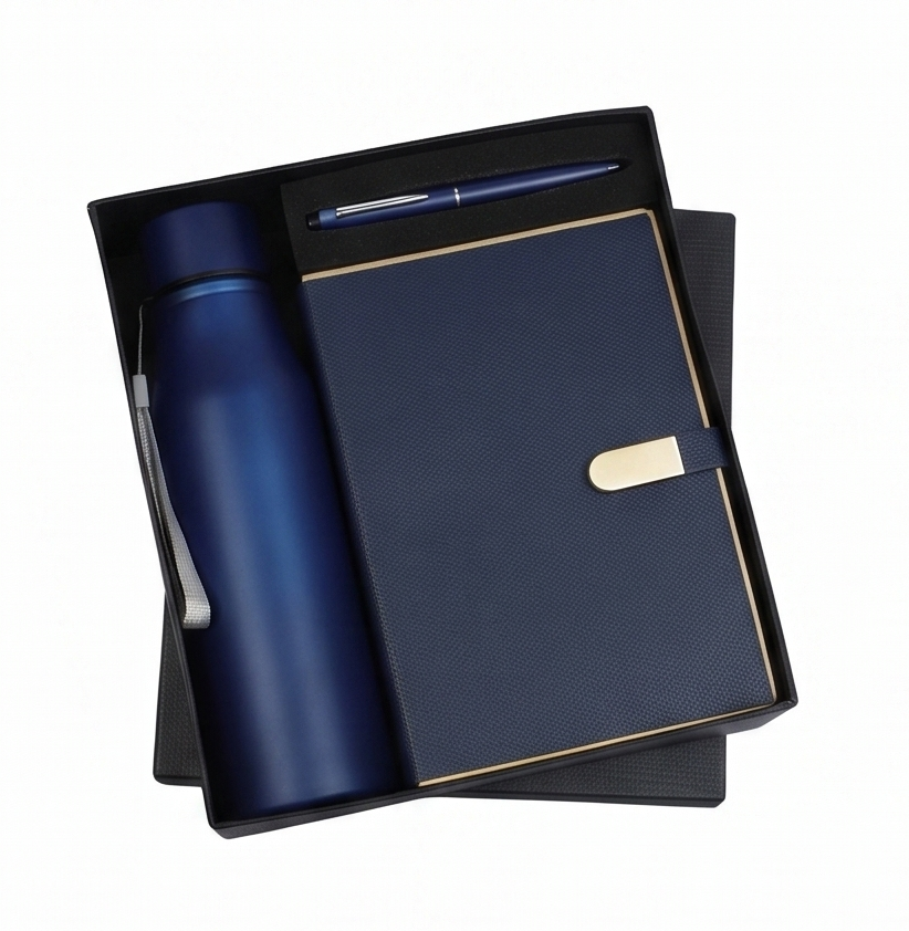 BDP-07 blue 3-in-1 Insulated Bottle, Diary & Pen Set gift box