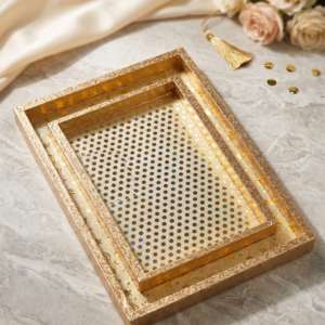Yellow Dot Print Decorative Tray set of 3 with glossy gold borders and cutout handles