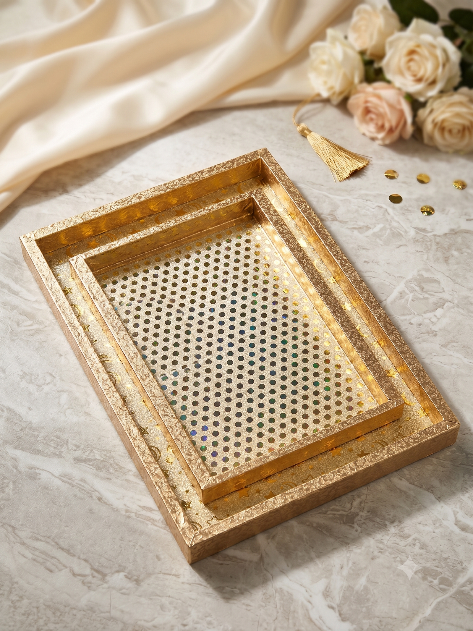 Yellow Dot Print Decorative Tray set of 3 with glossy gold borders and cutout handles