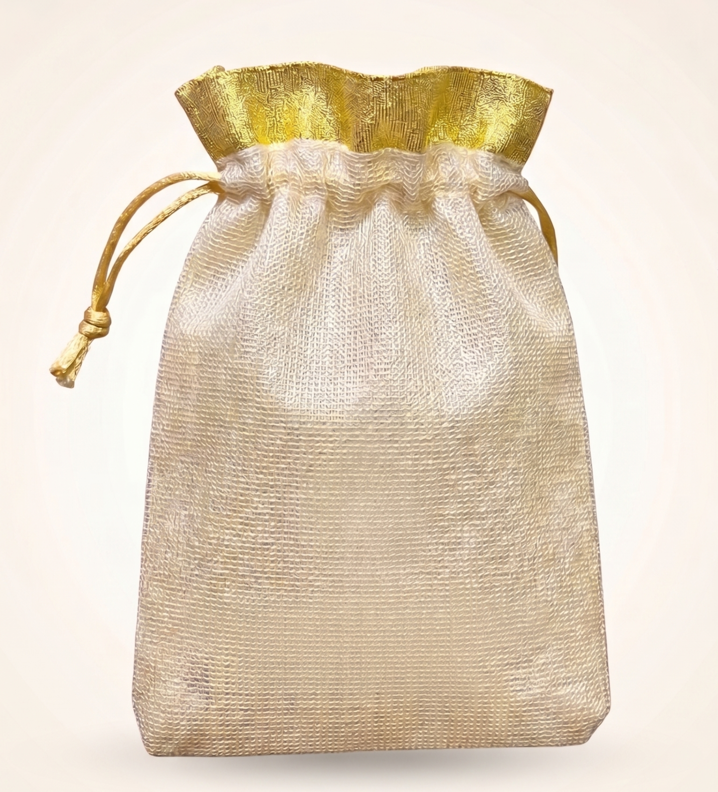 Metallic Mesh Shimmer Potli Bag with drawstring and golden accent collar