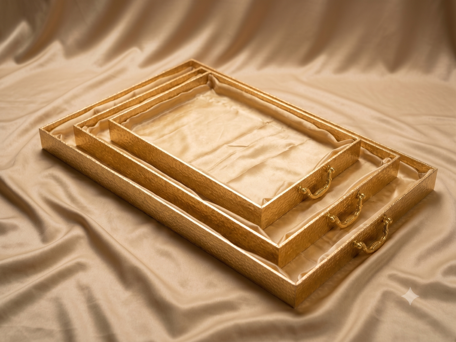 Royal Gold Satin Decorative Tray with ornate metal handles for hamper packaging