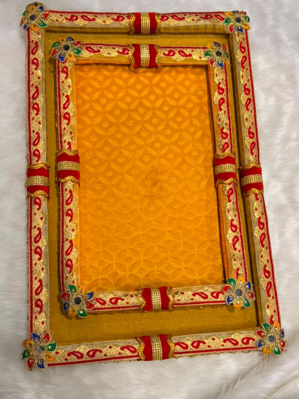 Traditional Embroidered Border Decorative Tray with floral accents for trousseau packing