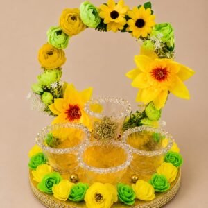 Floral Arch Haldi Platter with 4 crystal bowls yellow lime green