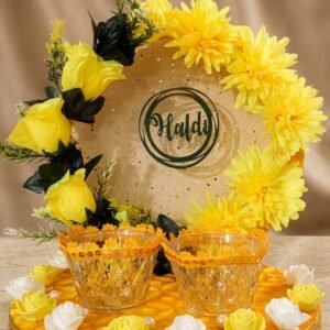 Haldi Backdrop Ring Platter with 2 decorated bowls yellow white
