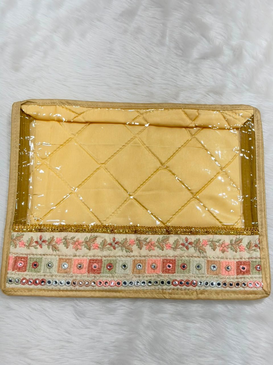 Designer Quilted Saree Pouch with Embroidered Mirror Work Border | Pack of 6