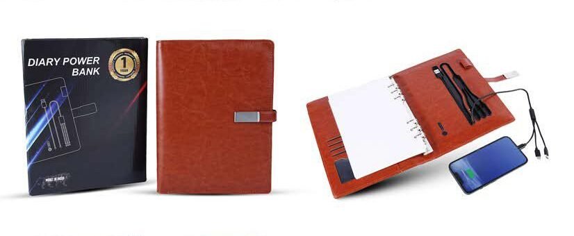 Power Bank Diary 5000 mAh with 3-in-1 charging cables in executive corporate gift box