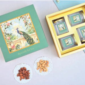 Premium Peacock Print Gift Hamper Box with 4 Pet Jars | Packs of 12 pcs