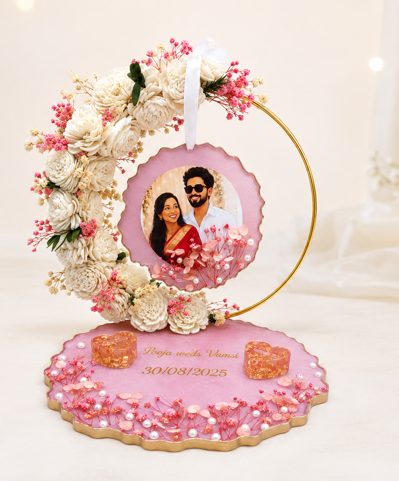 Handcrafted Wedding Ring Platter with floral hoop and photo frame