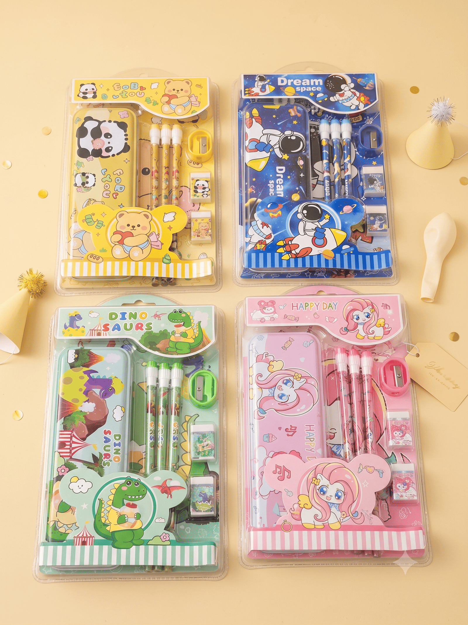 Kids Cartoon Theme Metal Pencil Box & Stationery Set