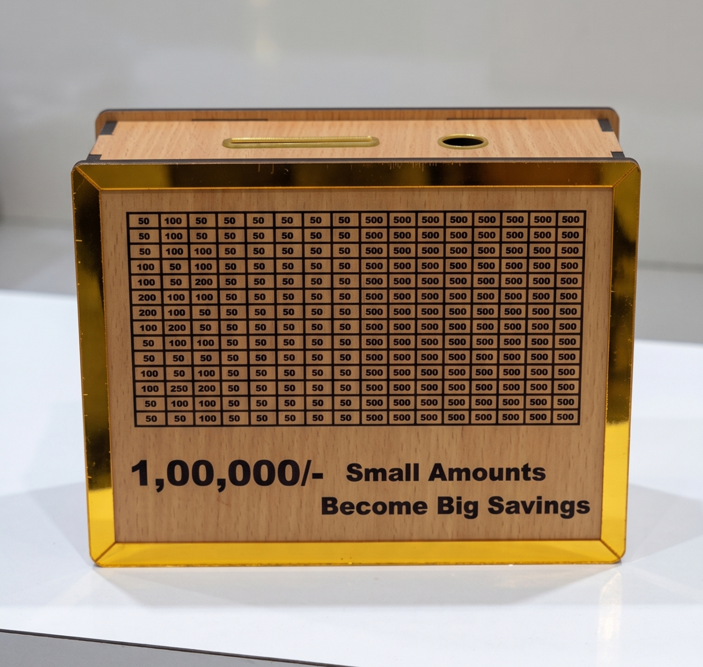 1,00,000 Target Wooden Money Saving Challenge Box with Gold Border