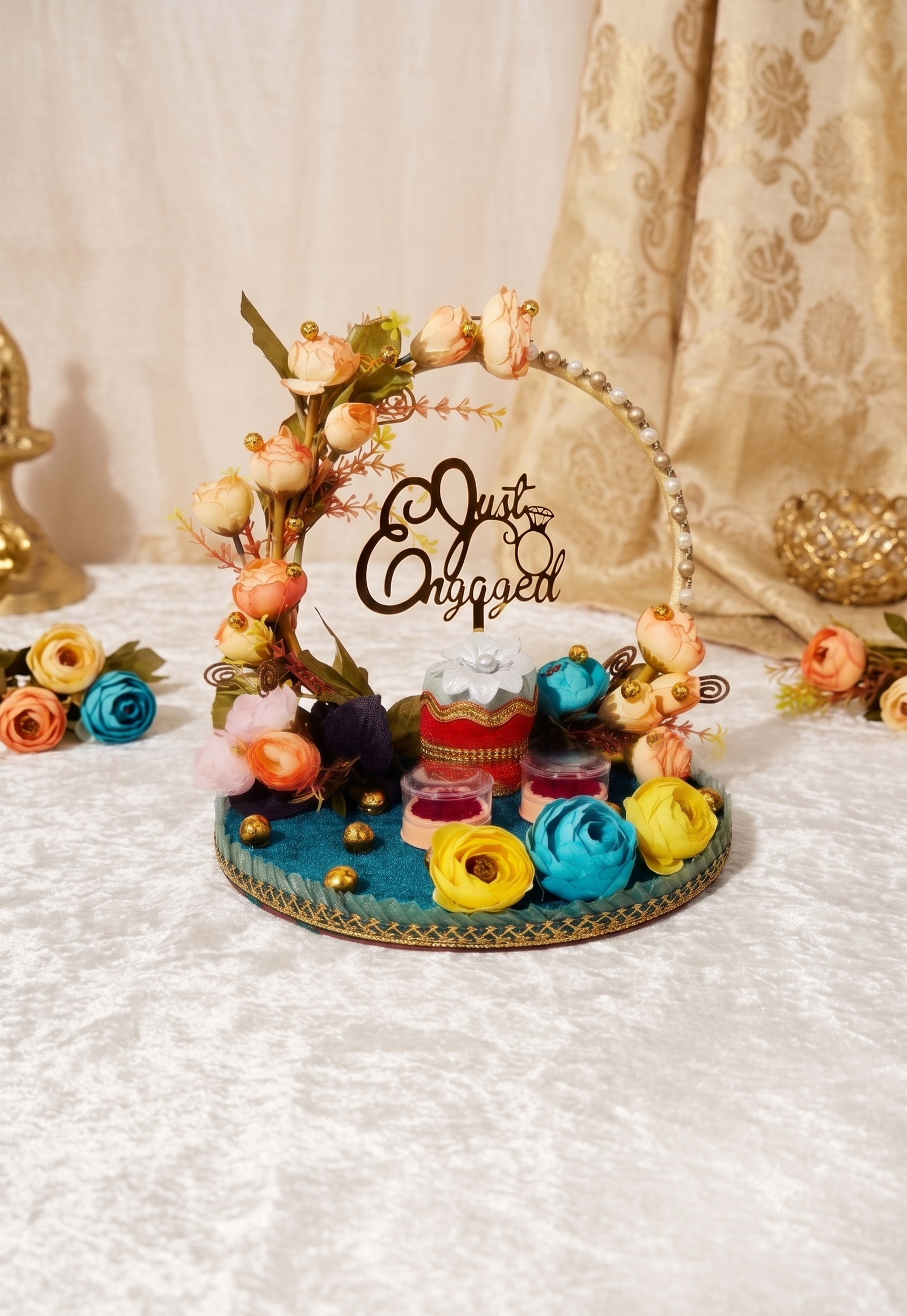 Black Velvet Engagement Ring Platter with dual ring capsules and golden lattice border
