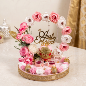 Circular Floral Arch Ring Platter in blush pink velvet with dual ring capsules