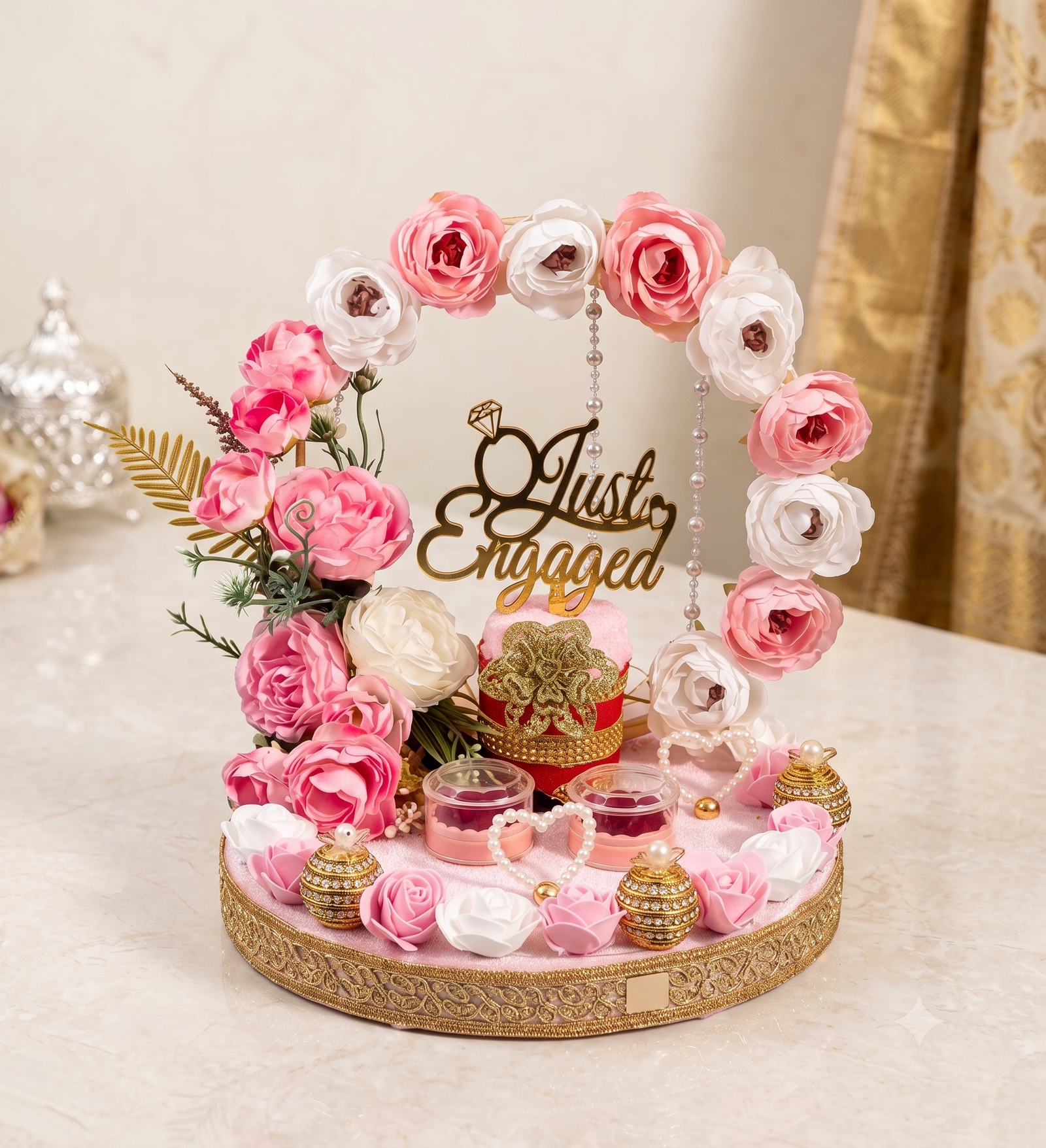 Circular Floral Arch Ring Platter in blush pink velvet with dual ring capsules