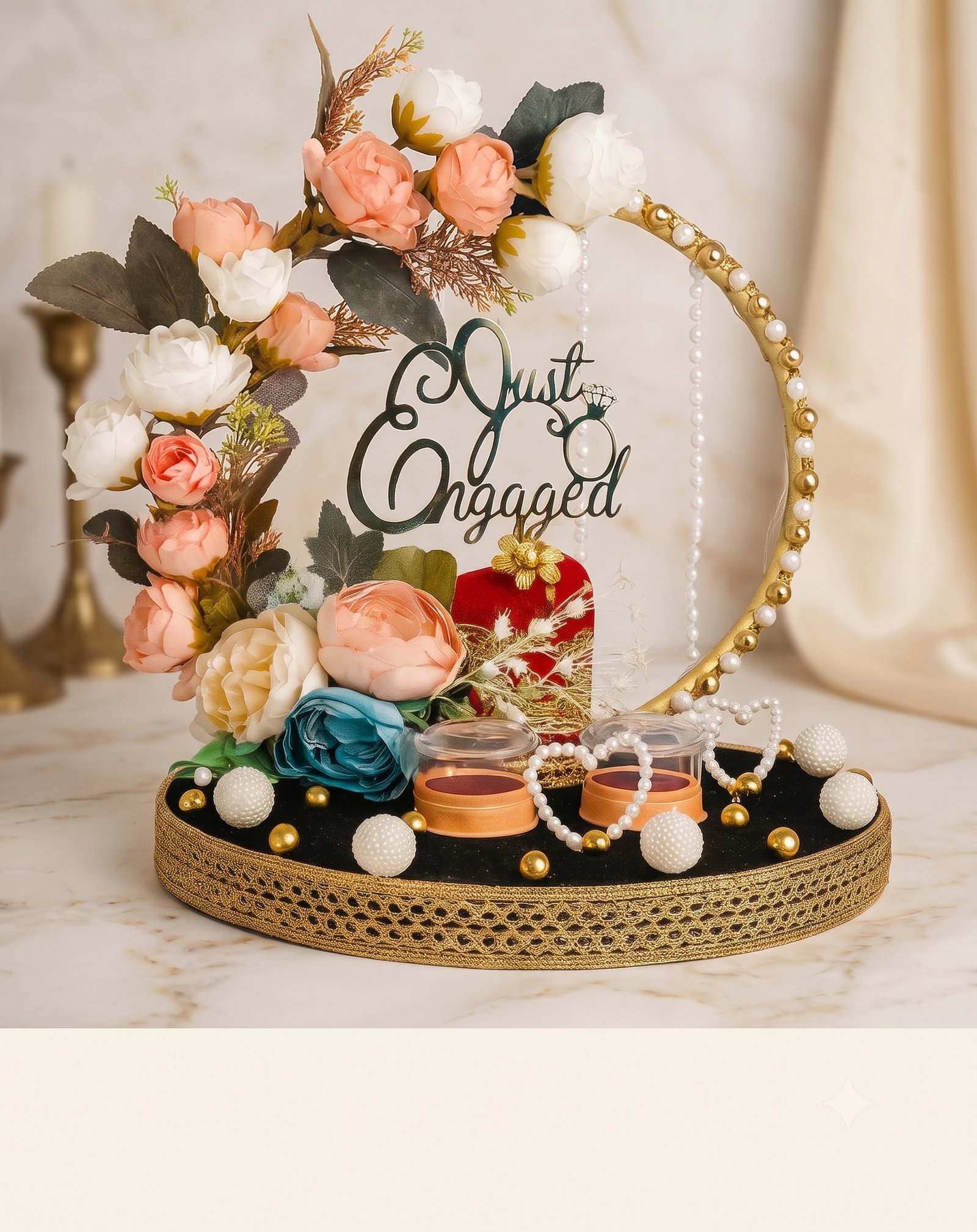 Luxury Indian Engagement Ring Platter in peacock blue velvet with dual ring boxes