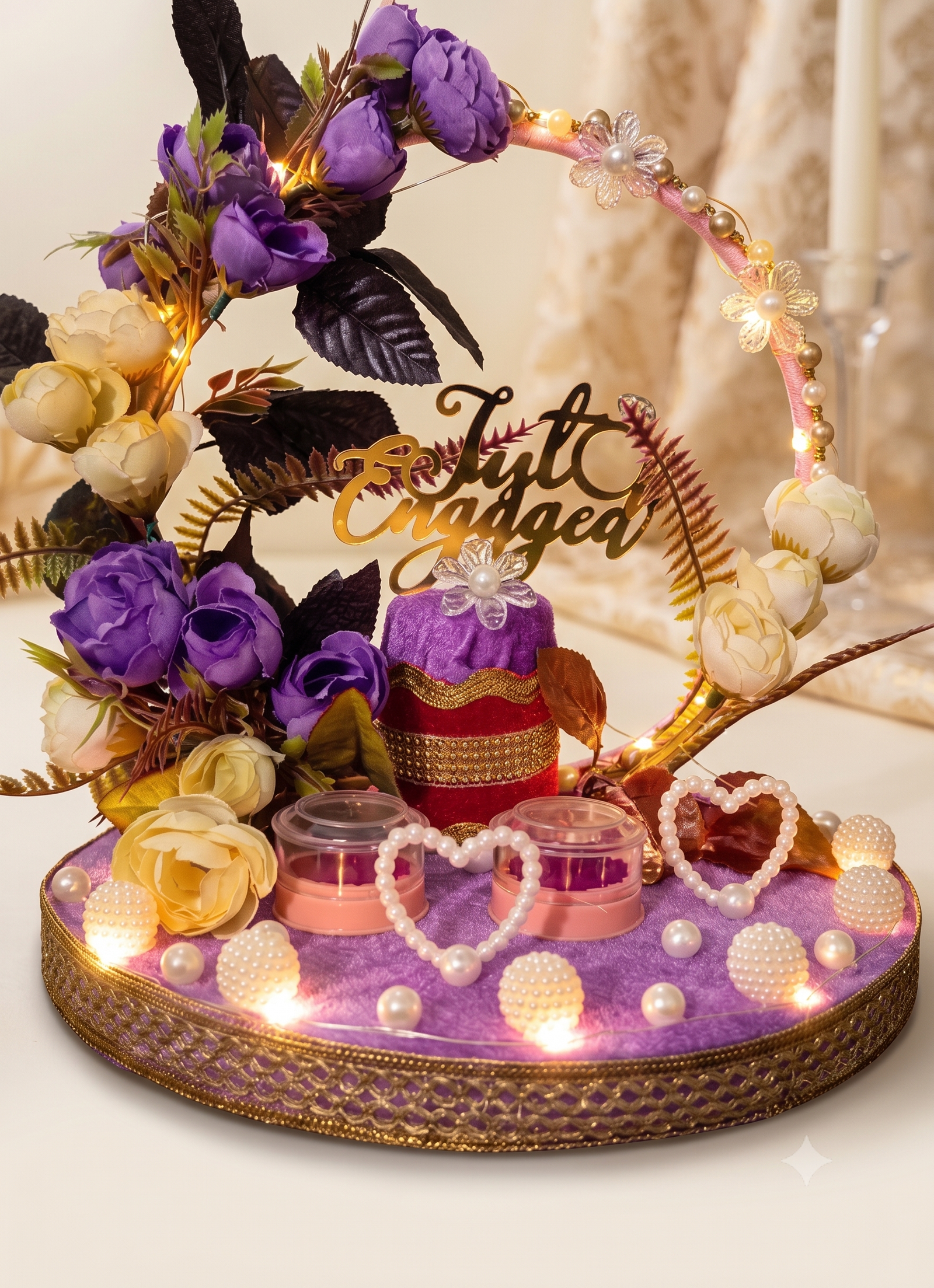 Illuminated Purple Ring Tray with micro fairy lights and twin ring capsules