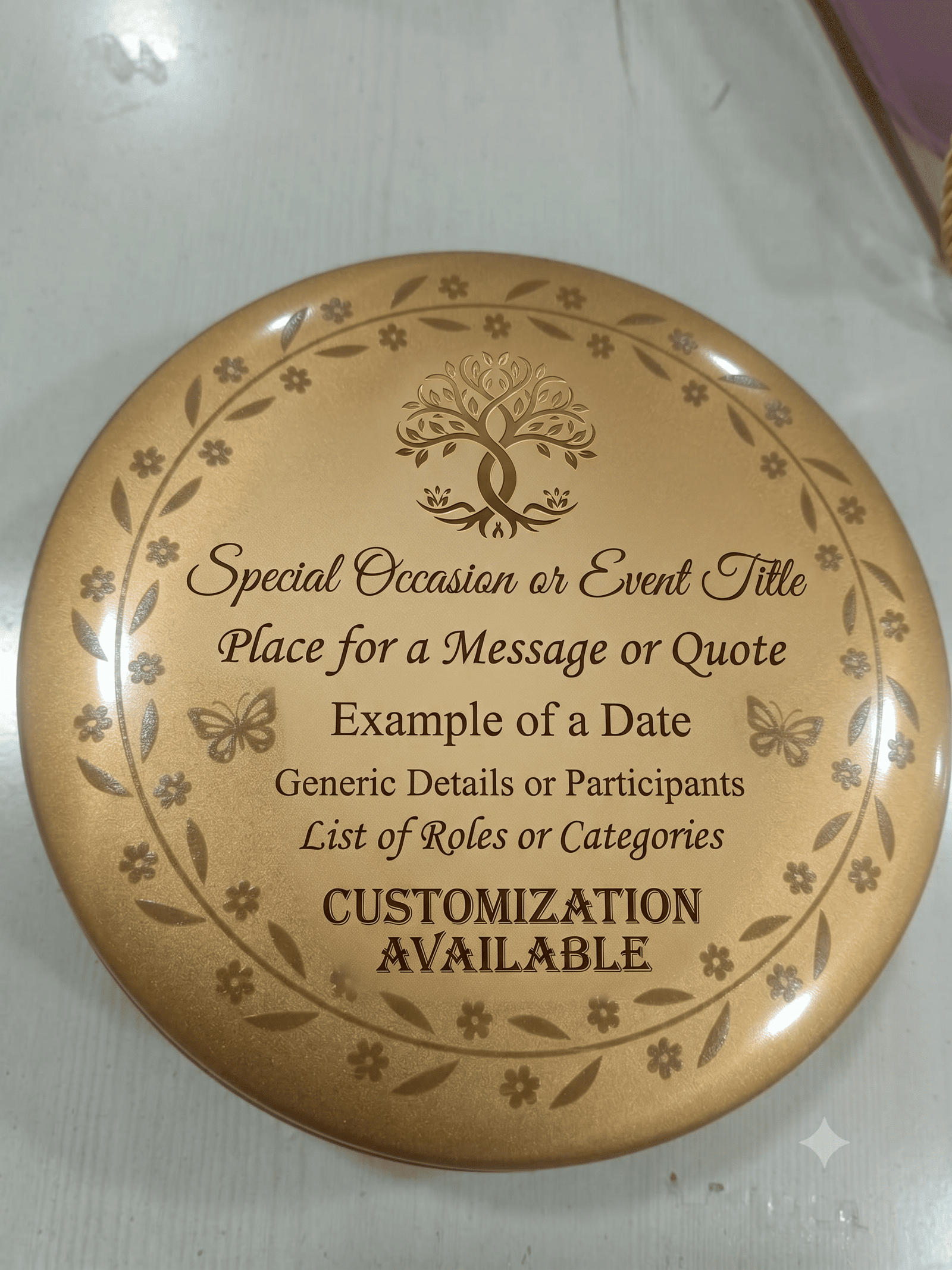 Customized Metallic Gold Keepsake Plate with tin lid pack of 100 for luxury wedding favors