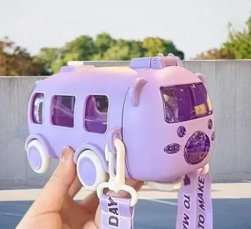 Toy Bus Shaped Sipper Water Bottle with Shoulder Strap & Movable Wheels - Lilac Purple |10 pcs pack